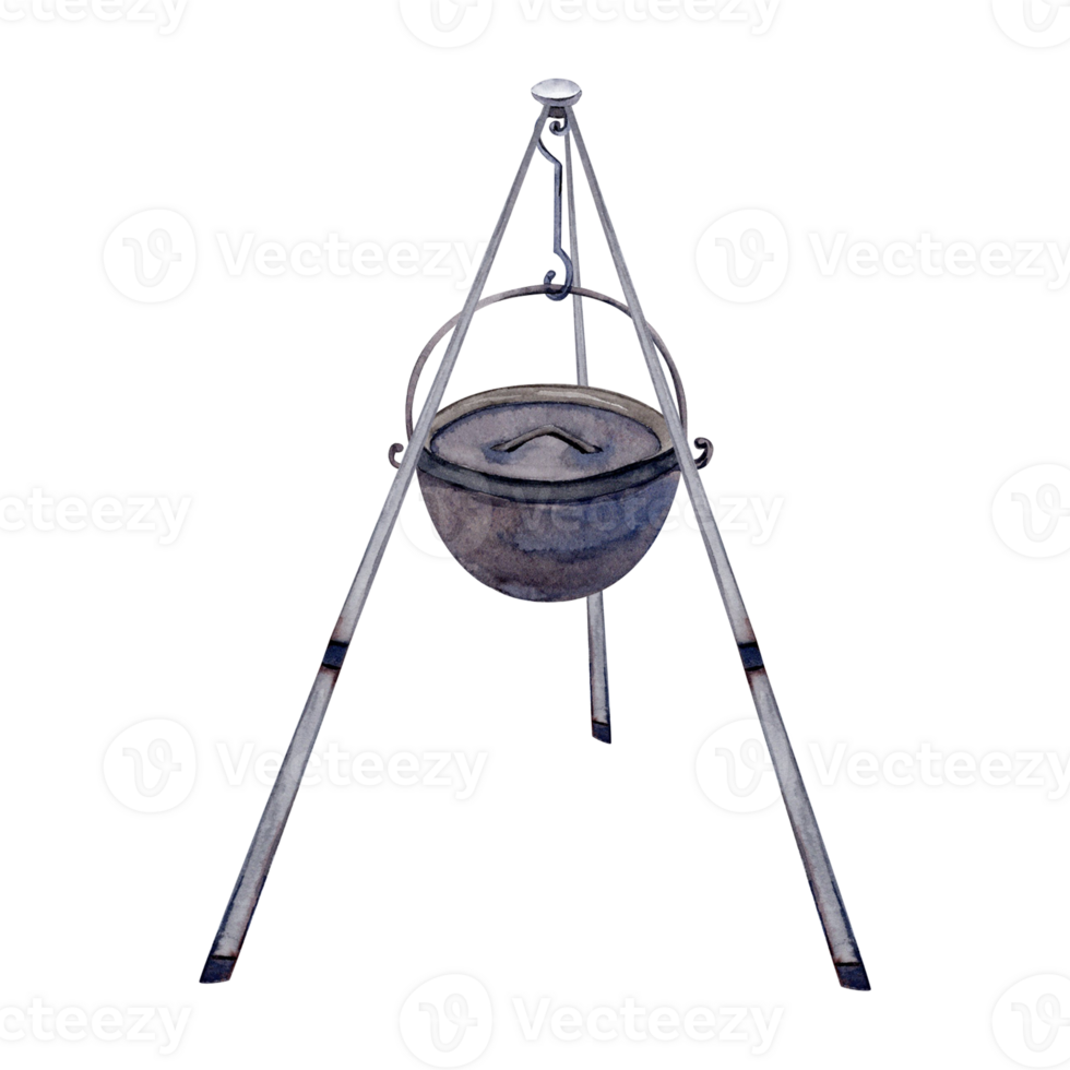 Iron cooking pot, cauldron with handle on stand. Camping fire equipment. Hand drawn element for tourism, outdoors, off-roading, camping designs. Watercolor illustration on transparent background png