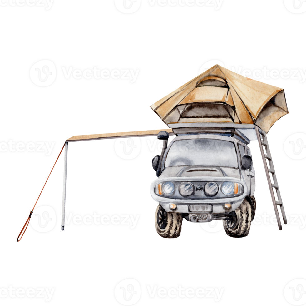 Camping Komposition Element mit 4x4 aus Straße Auto, Markise und Dach oben Zelt mit ein Leiter. zum Tourist oder Reise Drucke, Karten, Flyer, Entwürfe. Aquarell Illustration auf transparent Hintergrund. png