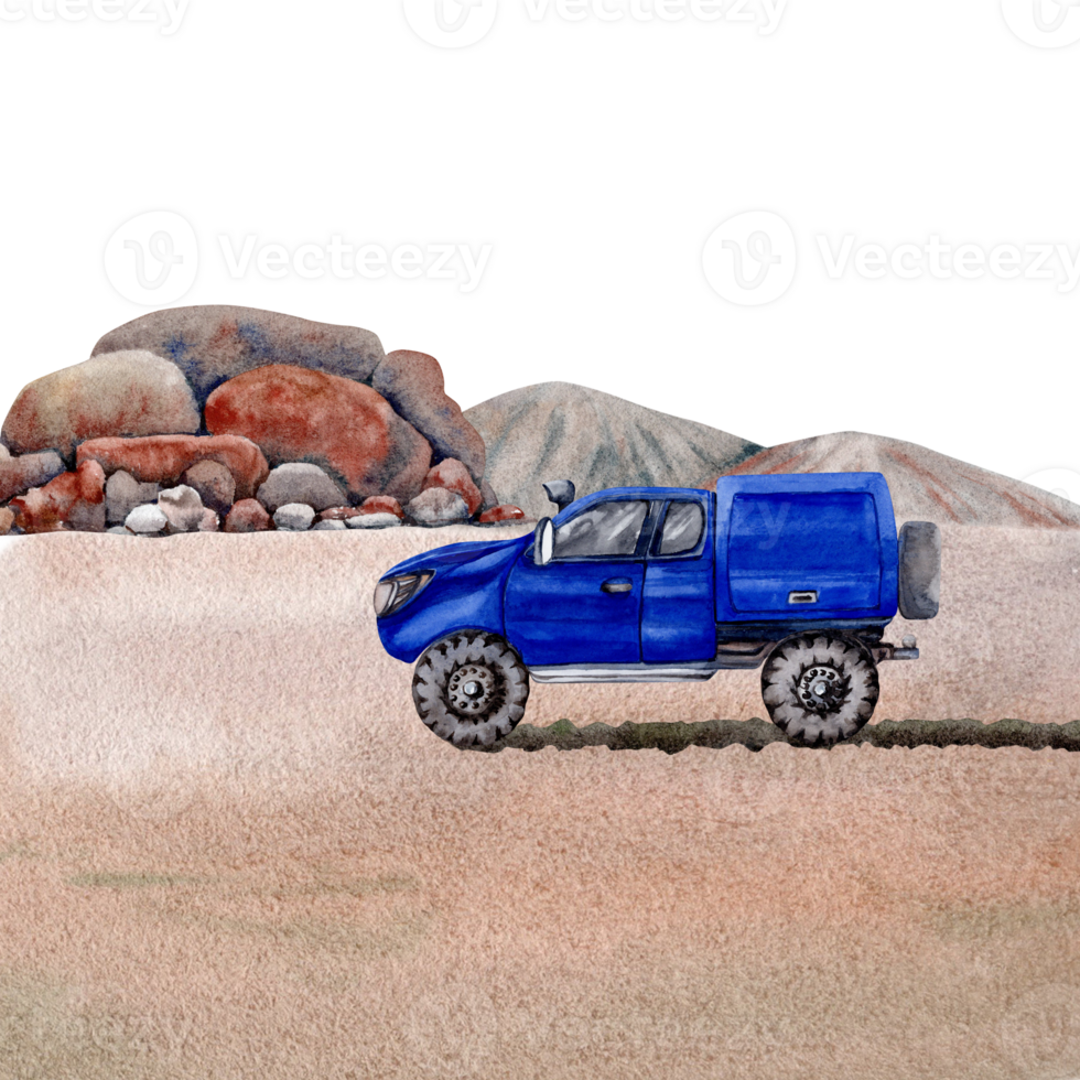 Outback landscape composition with blue 4x4 car, sandy desert road, tyre tracks, hills and rocks. Design for touring, exploring, travel, camping. Watercolor illustration on transparent background png