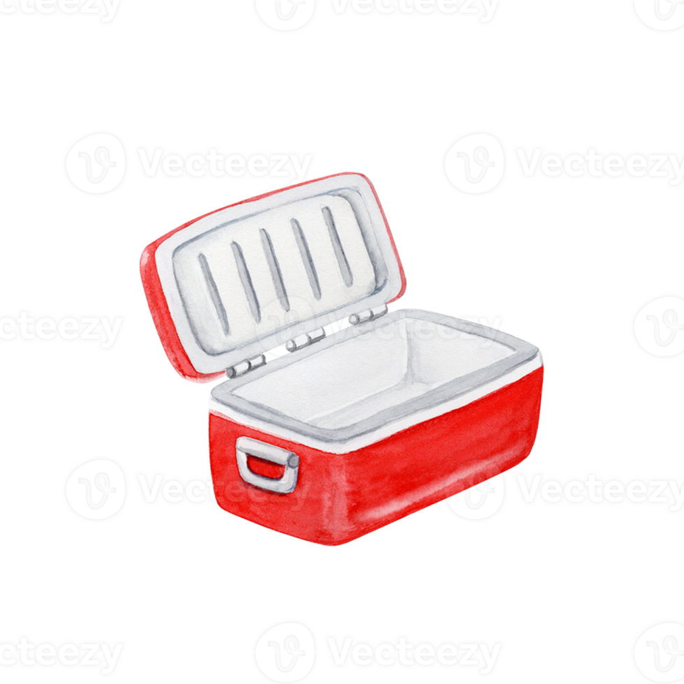Red empty plastic cooler with open lid. Hand drawn element for camping, touring, outdoor pool or beach party designs. Watercolor illustration isolated on transparent background. Eski for cold drinks png