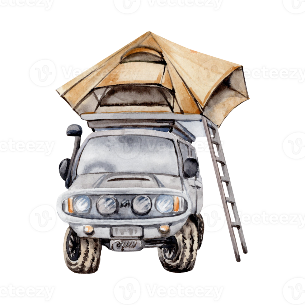 Off road car with roof top tent and ladder. Hand drawn element for adventure, tourism, touring, outdoors, off-roading, 4x4, camping designs. Watercolor illustration isolated on transparent background. png