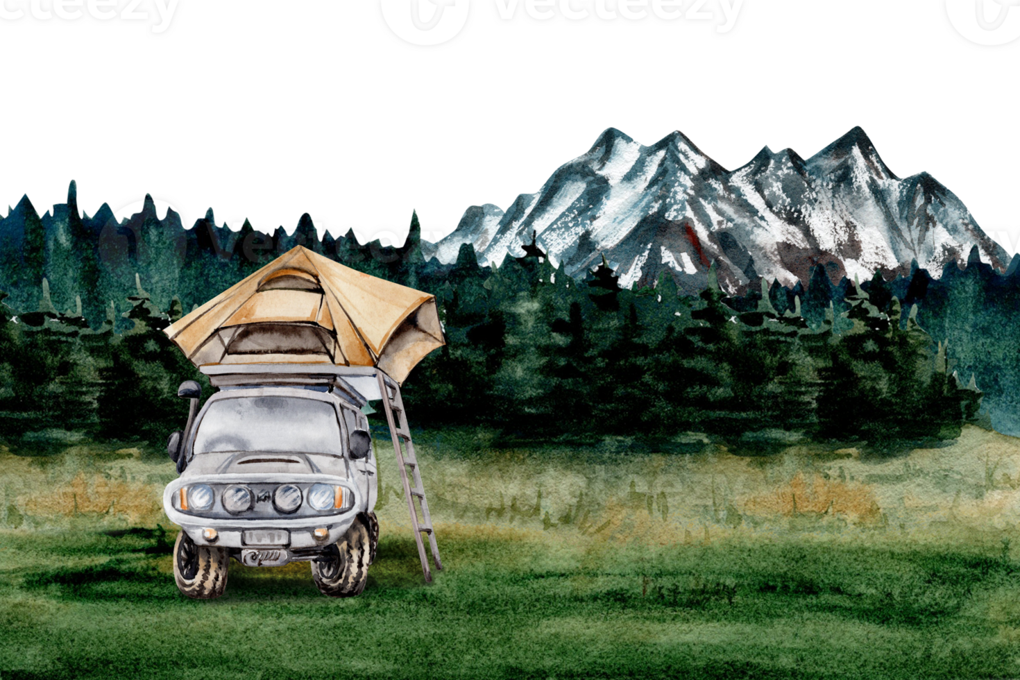 Camping card design template with 4x4 off road car, roof top tent and ladder. Mountains backdrop. For tourist or travel prints, cards, fliers. Watercolor illustration on transparent background. png