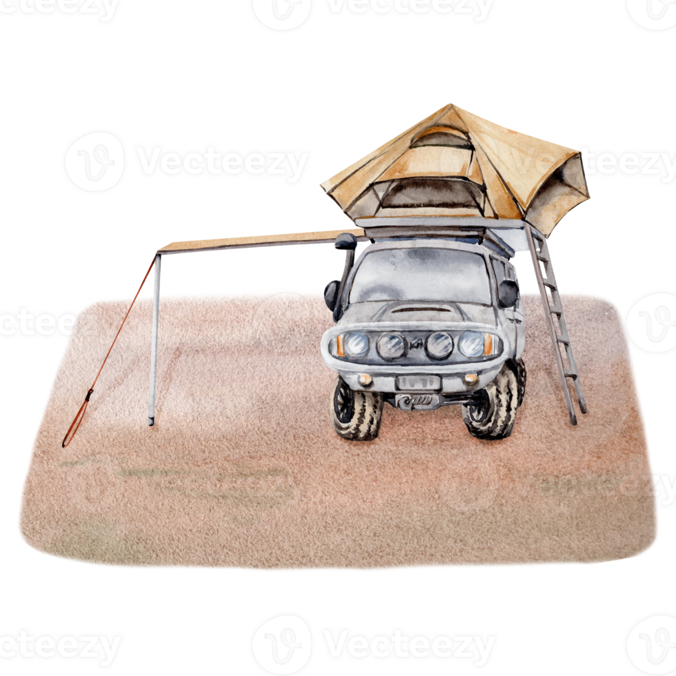 Camping composition clip art with 4x4 off road car, awning and roof top tent on desert sand. For tourist or travel prints, cards, fliers, designs. Watercolor illustration on transparent background png