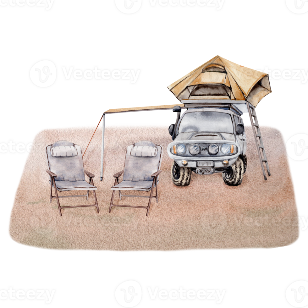 Camping composition with 4x4 off road car, awning, two folding chairs and roof top tent with a ladder. For tourist or travel prints, cards, fliers. Watercolor illustration on transparent background png