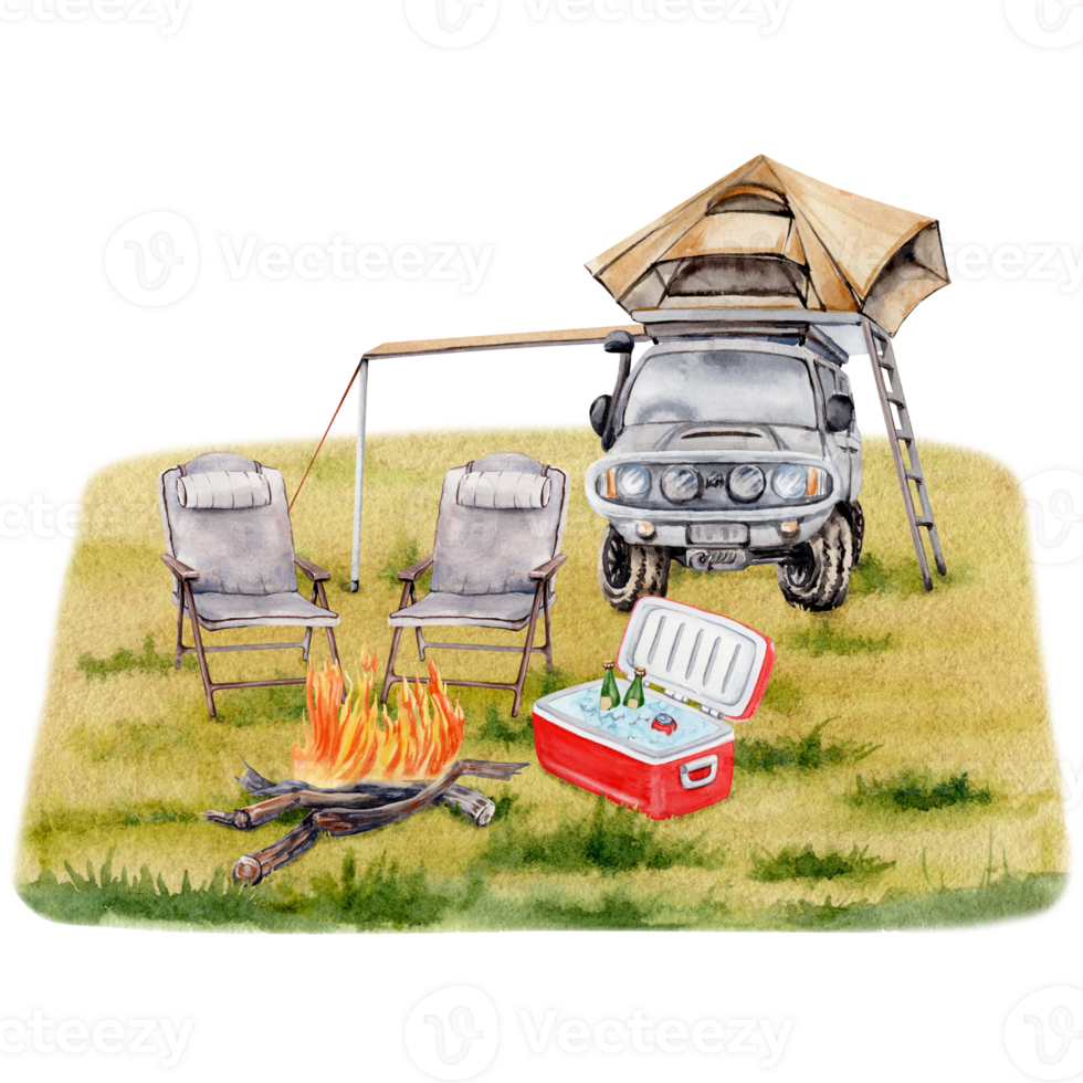 Camping composition. Car with roof top tent, awning, chairs, campfire, cooler box on grassy background. For travel prints, cards, fliers, designs. Watercolor illustration on transparent background png