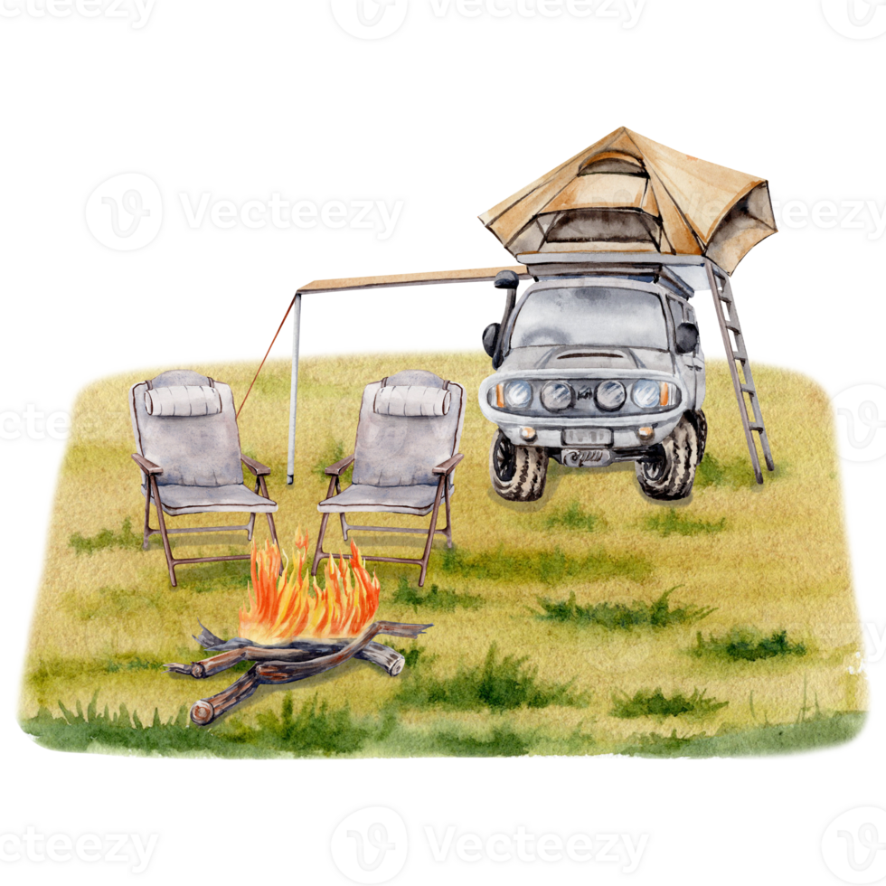 Camping composition. Car with roof top tent, awning, chairs, campfire on grassy background. For travel prints, cards, fliers, designs. Hand drawn watercolor illustration on transparent background. png