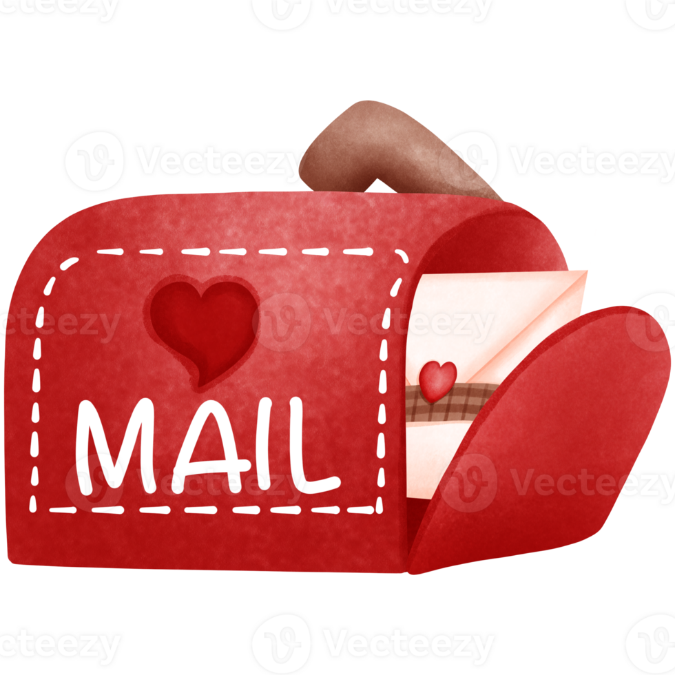 Red valentines mailbox with letter clipart image, Hand drawn watercolor illustration. png