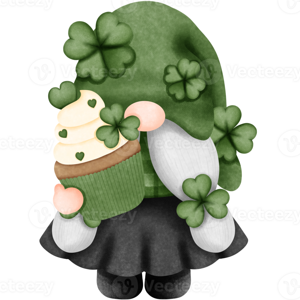 Watercolor st patricks day gnome with cupcake and clovers clipart, Hand drawn cute character illustration. png