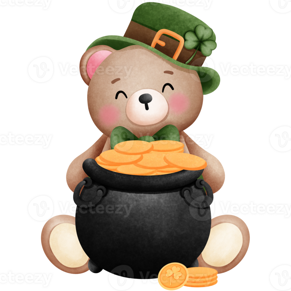 St patricks day teddy bear with pot of gold watercolor clipart. png