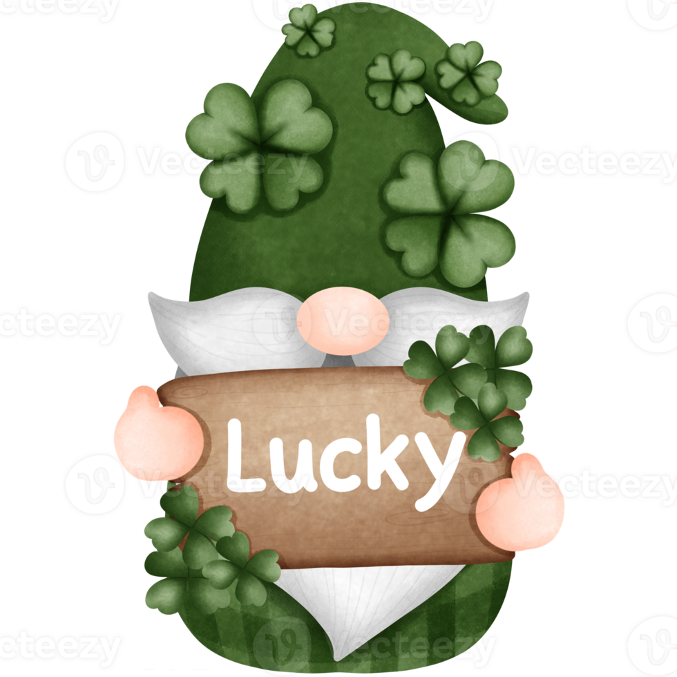 Watercolor st patricks day gnome clipart with wooden sign of lucky, Hand drawn cute character illustration. png