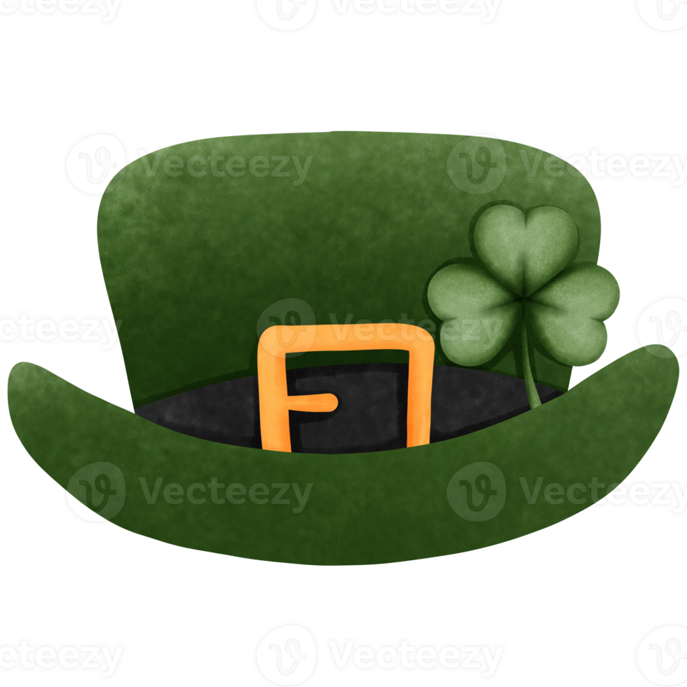 Green saint patricks day hat with four leaf clover clipart. png