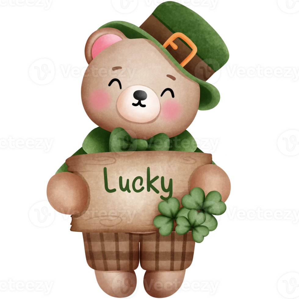 St patricks day teddy bear with lucky wooden sign watercolor clipart. png