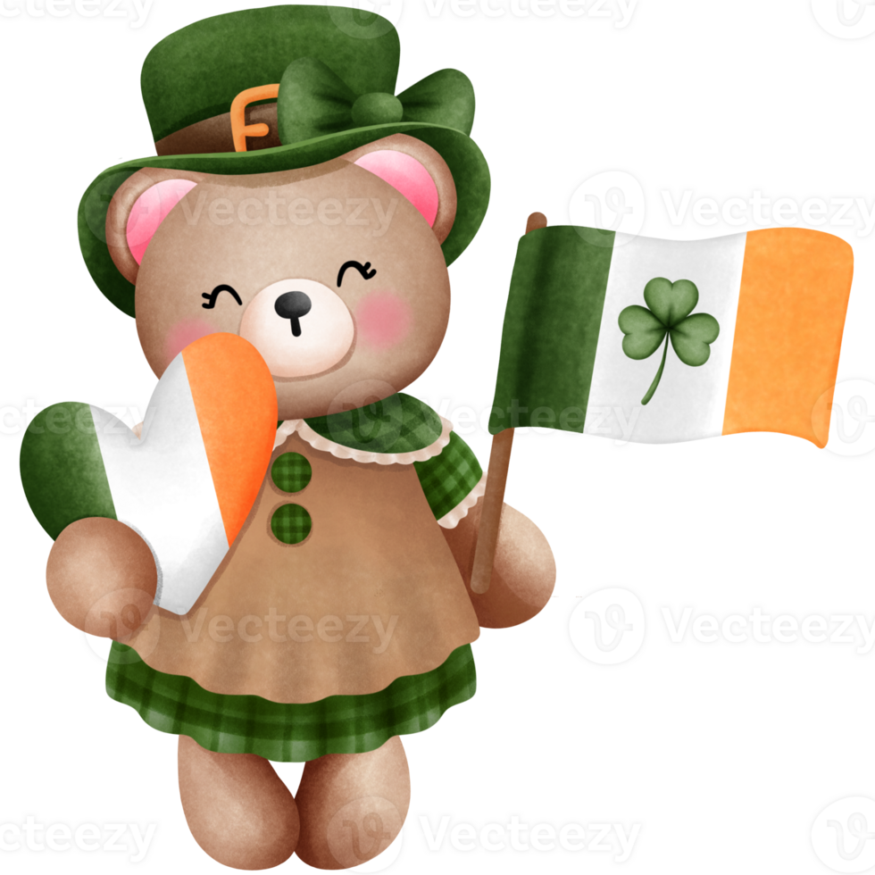 St patricks day teddy bear with irish flag and heart watercolor clipart. png