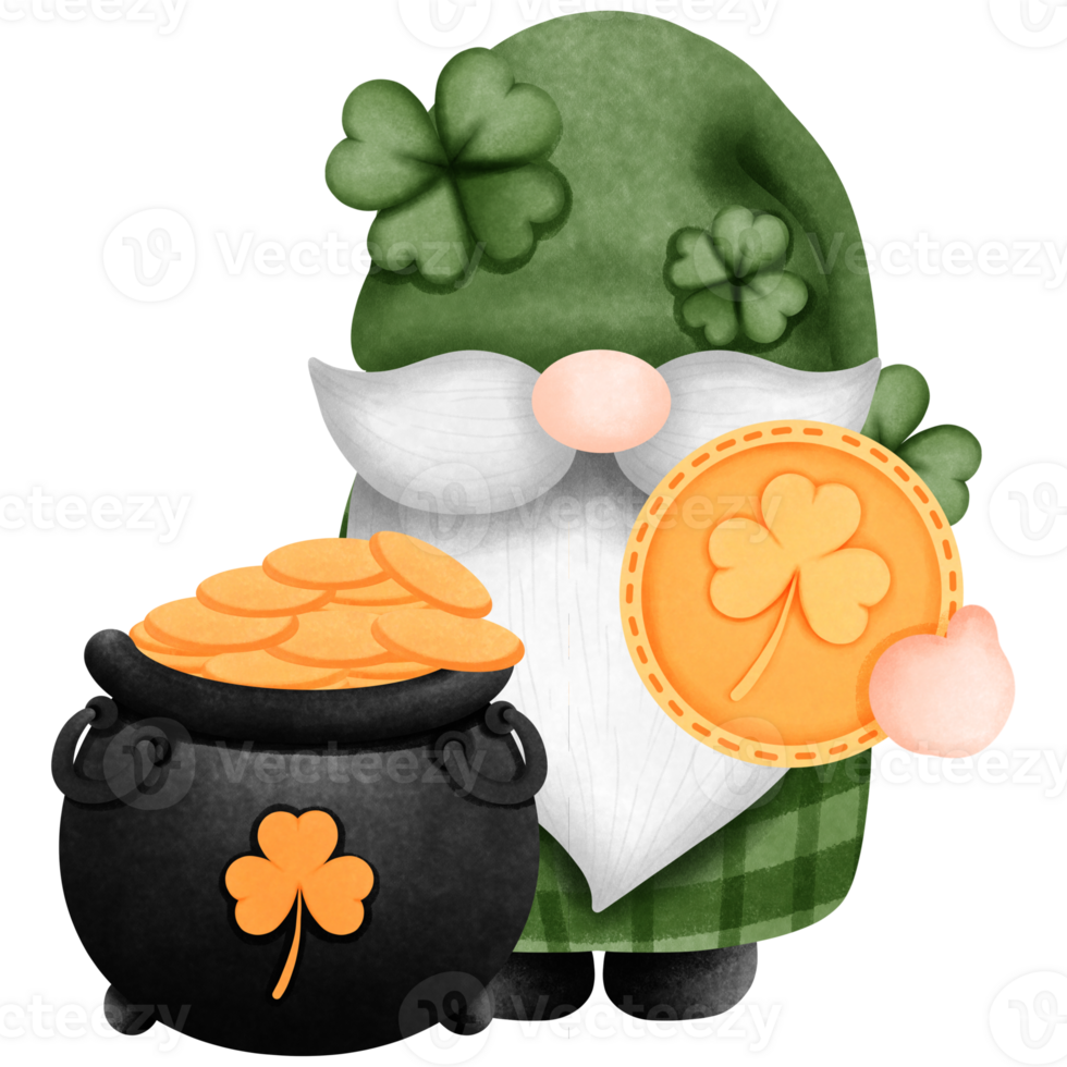 Watercolor saint patricks day gnome with pot of gold and leprechaun coins clipart. png