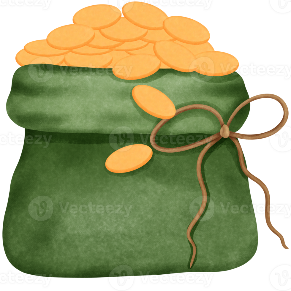 Watercolor green sack filled with leprechaun coins clipart. png