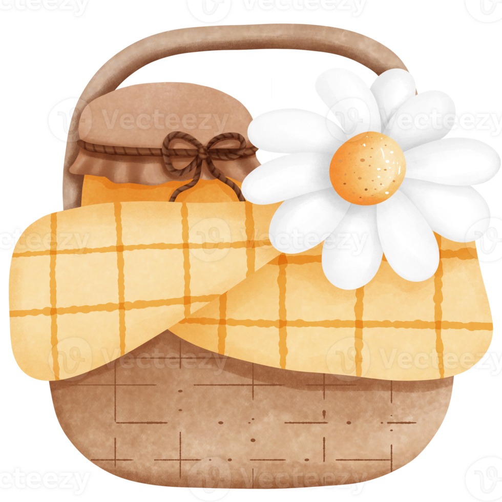 Watercolor vintage basket of honey jar and daisy flower illustration, Rustic charm and natural beauty. png