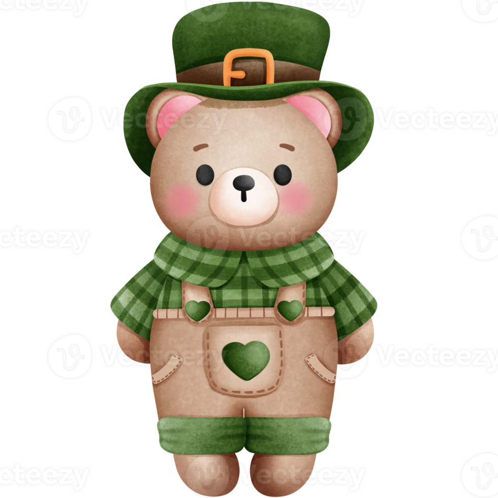 carino orsacchiotto orso nel st patricks giorno tema clipart illustrazione, acquerello bambino animale nel fata verde cappello e abiti per vacanza decorazione. png