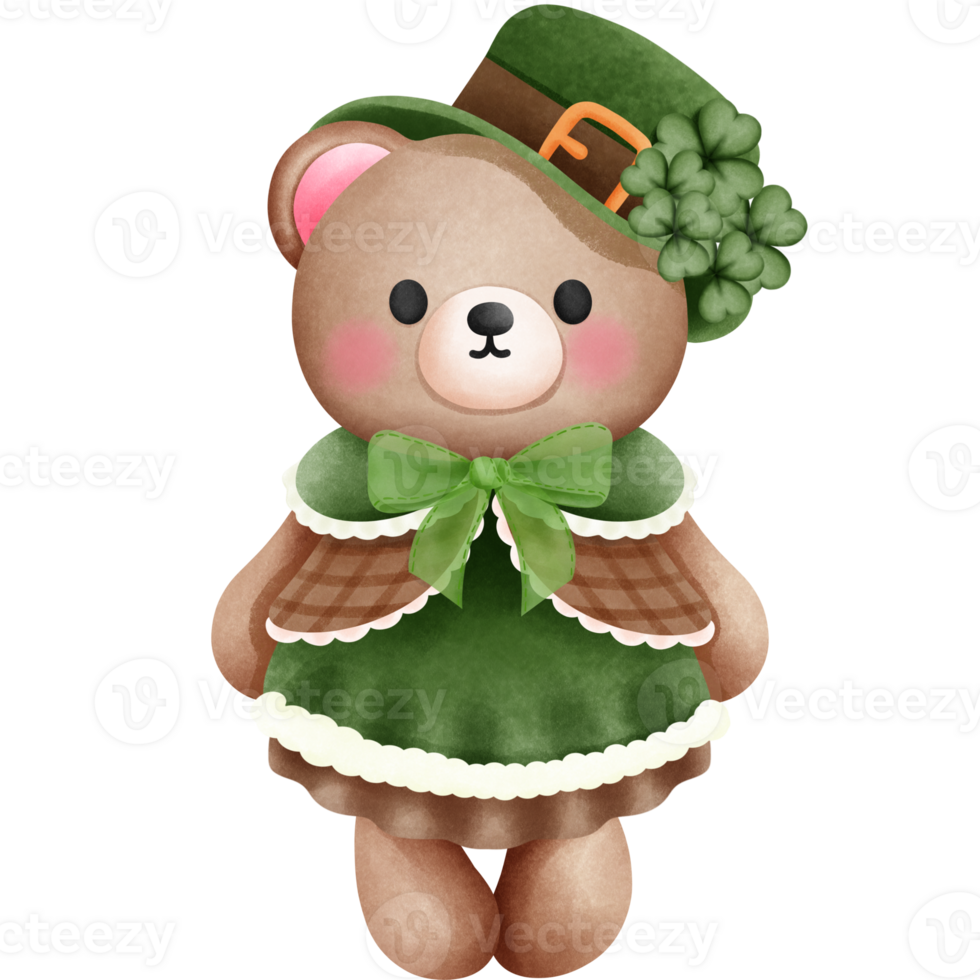 carino orsacchiotto orso nel st patricks giorno tema clipart illustrazione, acquerello bambino animale nel fata verde cappello e abiti per vacanza decorazione. png