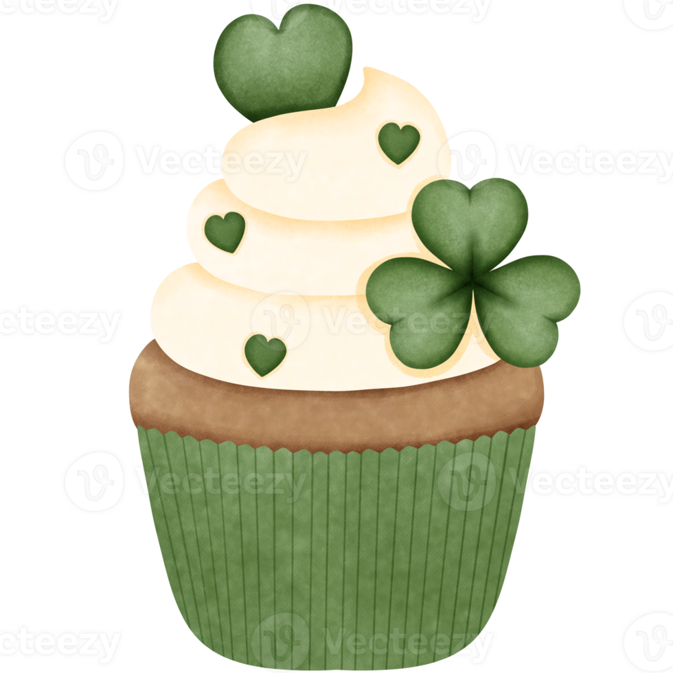 Watercolor st patricks day cupcake clipart with clover decoration in spring celebration. png