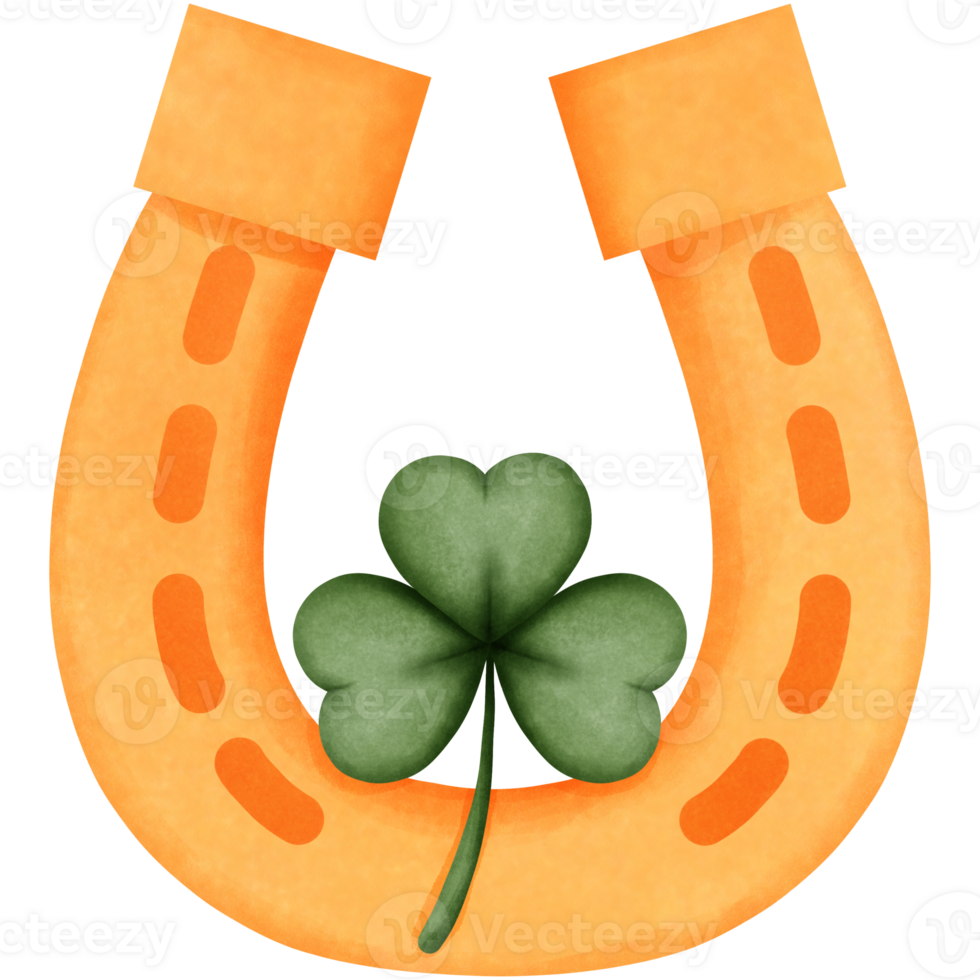 Golden horseshoe with green clover leaf watercolor clipart, St patricks day element decoration. png