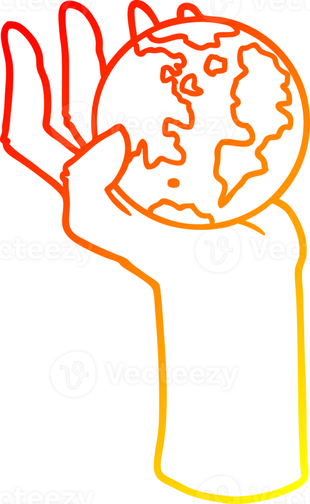 warm gradient line drawing of a cartoon hand holding whole earth png