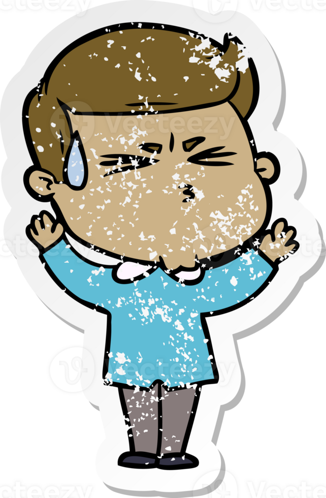 distressed sticker of a cartoon man sweating png