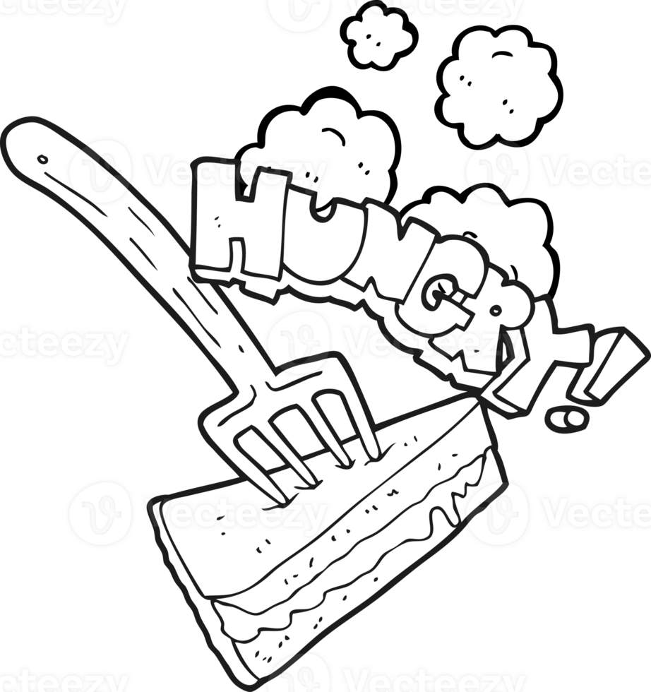 hand drawn black and white cartoon cake with fork png