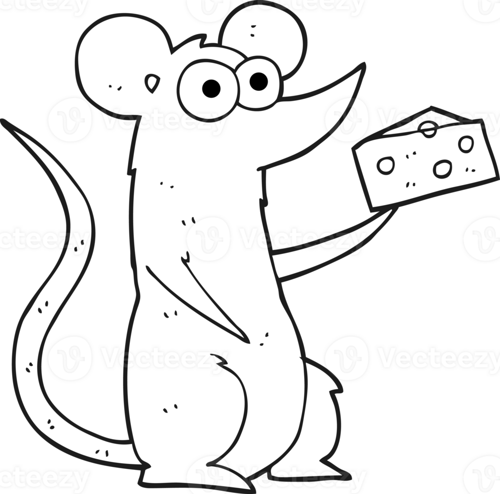 hand drawn black and white cartoon mouse with cheese png