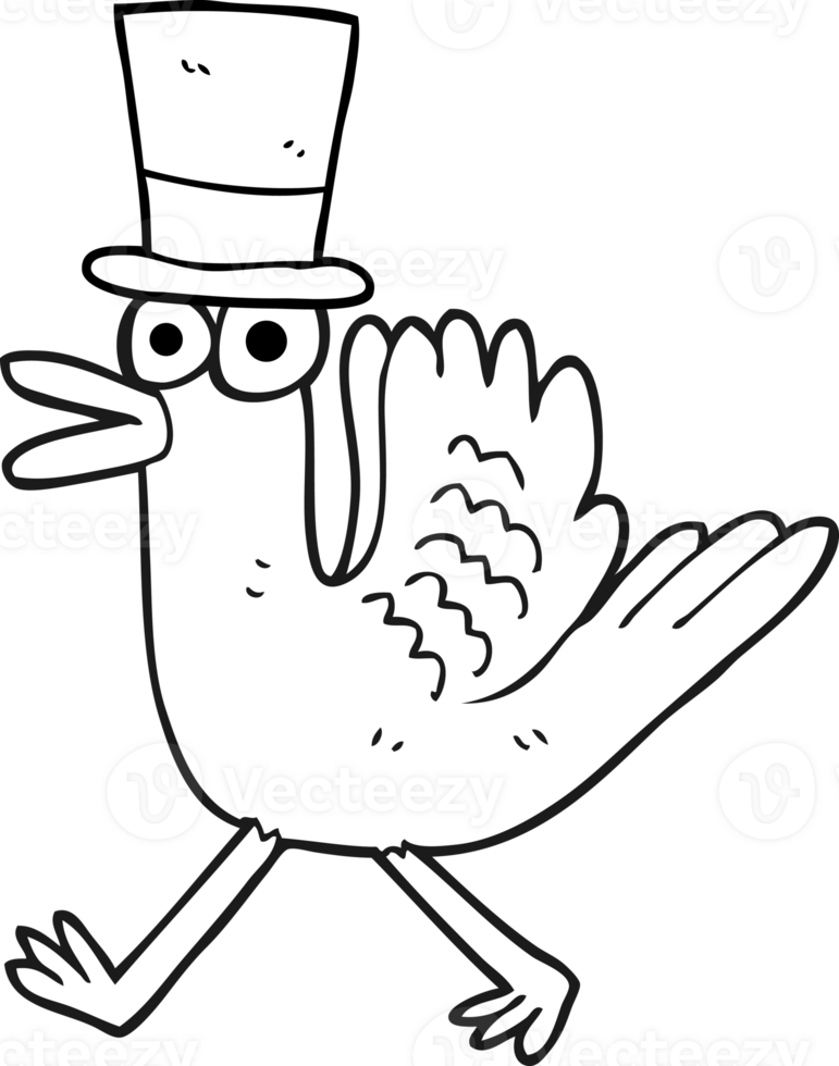 hand drawn black and white cartoon duck in top hat png