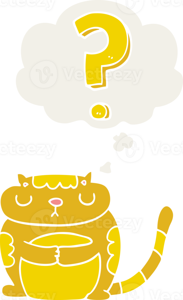 cartoon cat with question mark with thought bubble in retro style png