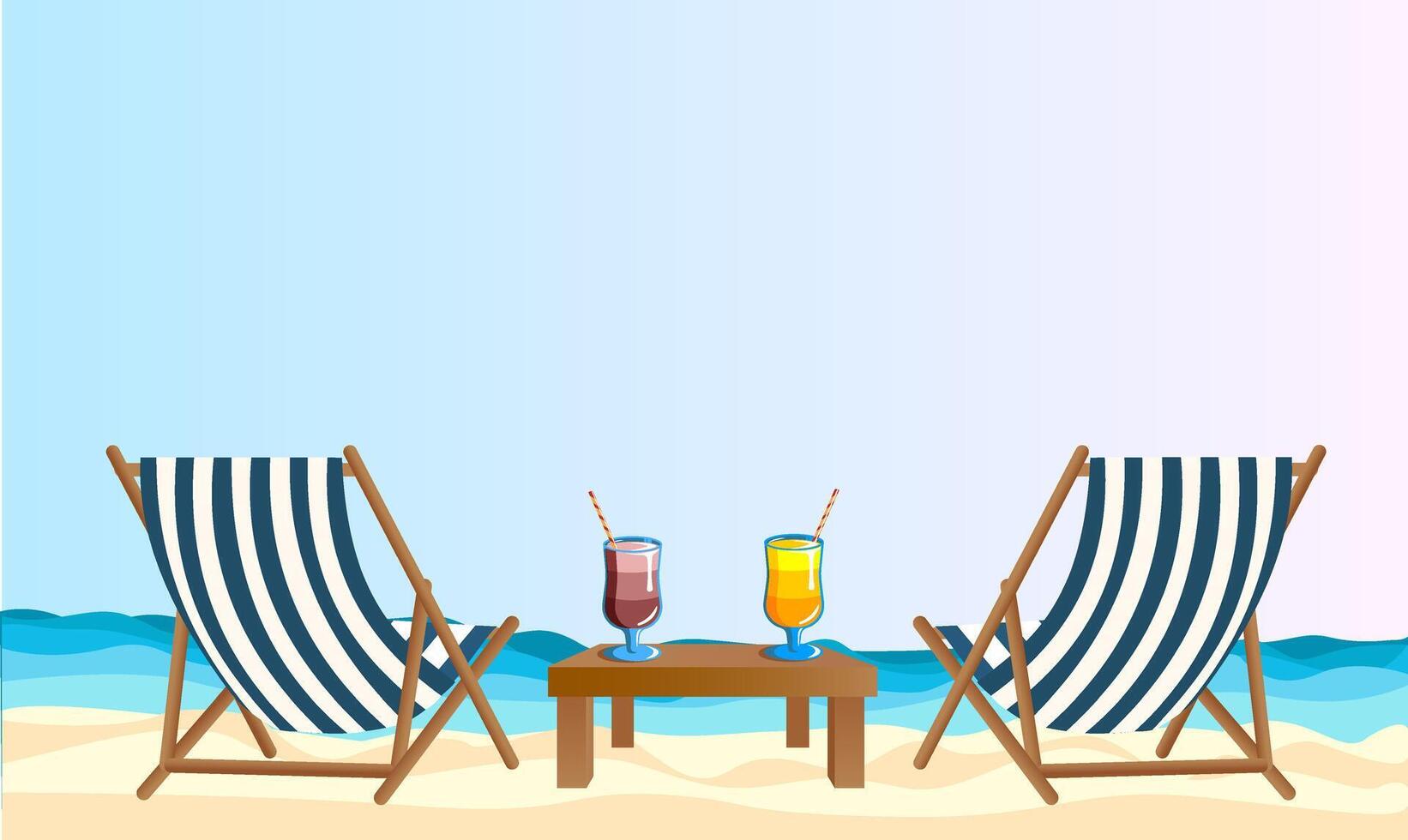 amplio bandera. mar costa, dos cubierta sillas cócteles en el playa, Dom mar y arena. verano vacaciones en caliente países, playa vacaciones. bandera para publicidad Excursiones, viajar, vacaciones vector