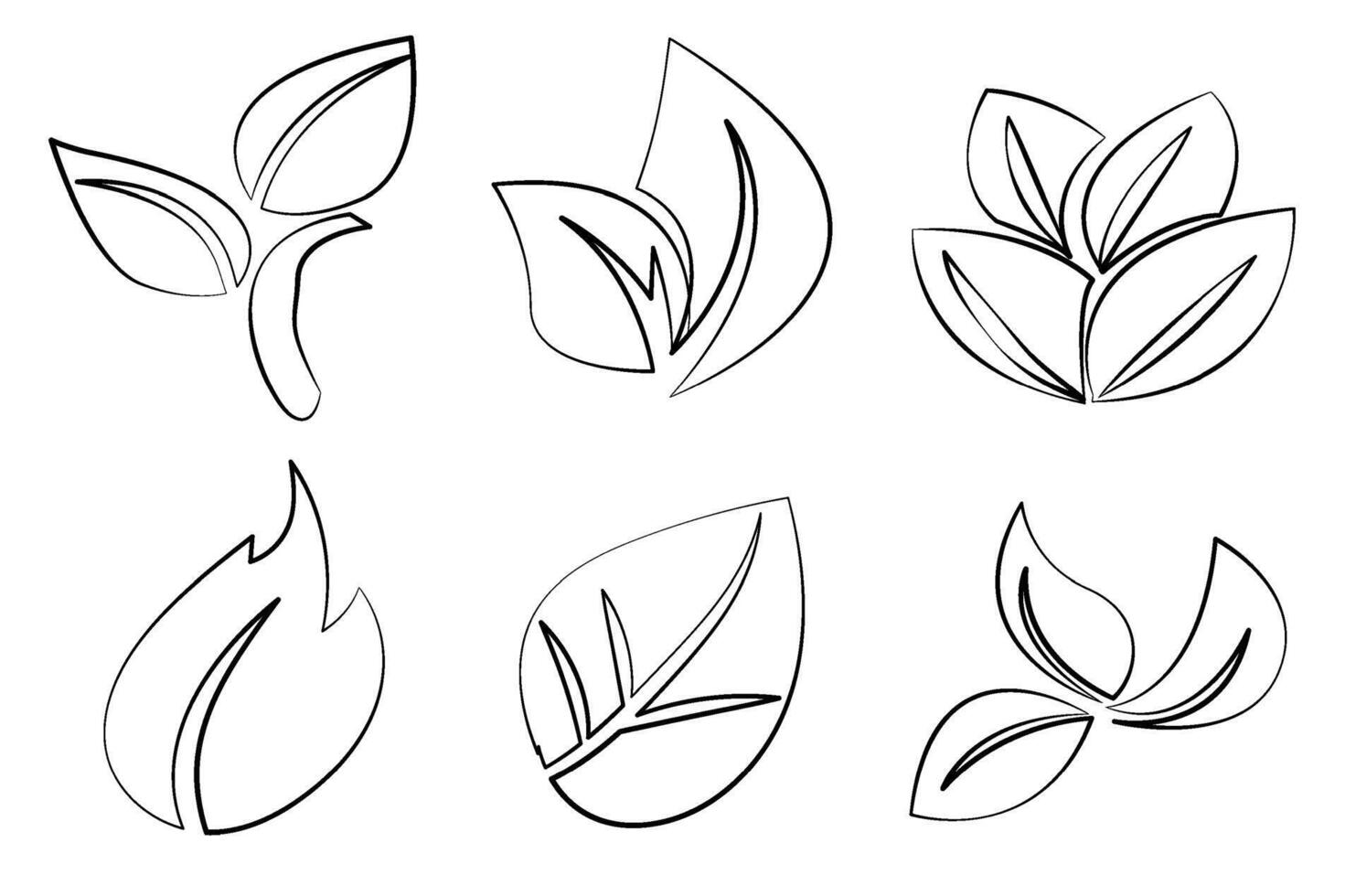 Vector illustration featuring a collection of six different leaf designs in black and white, ideal for spring-themed graphics