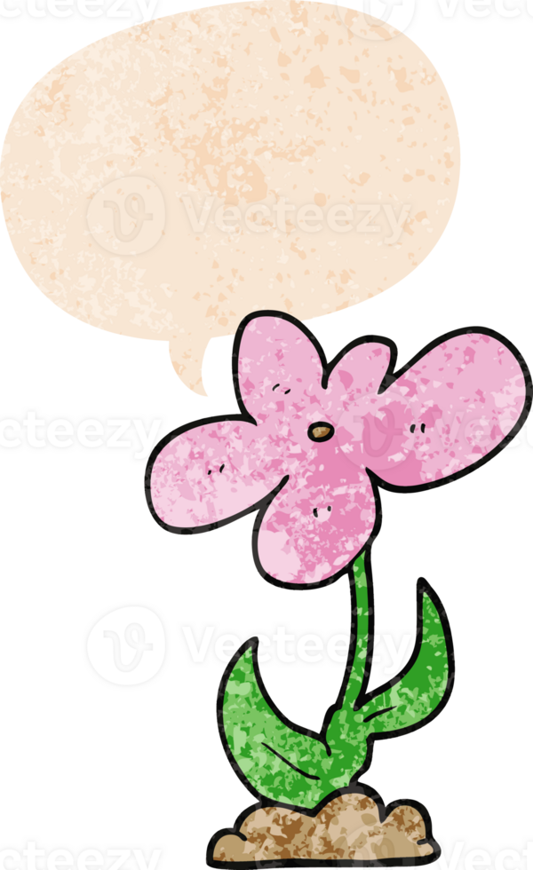 cartoon flower with speech bubble in grunge distressed retro textured style png