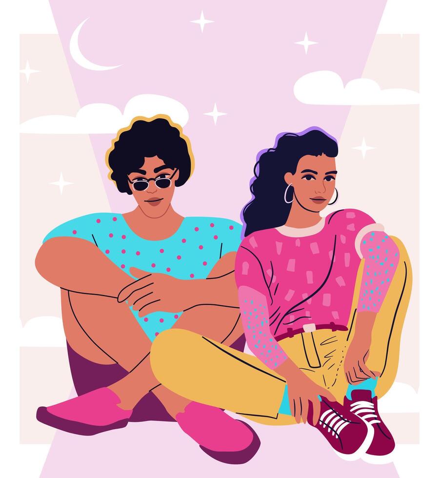 Modern fashion couple sitting. Teenage boy and girl in trendy neon coloured apparel. vector