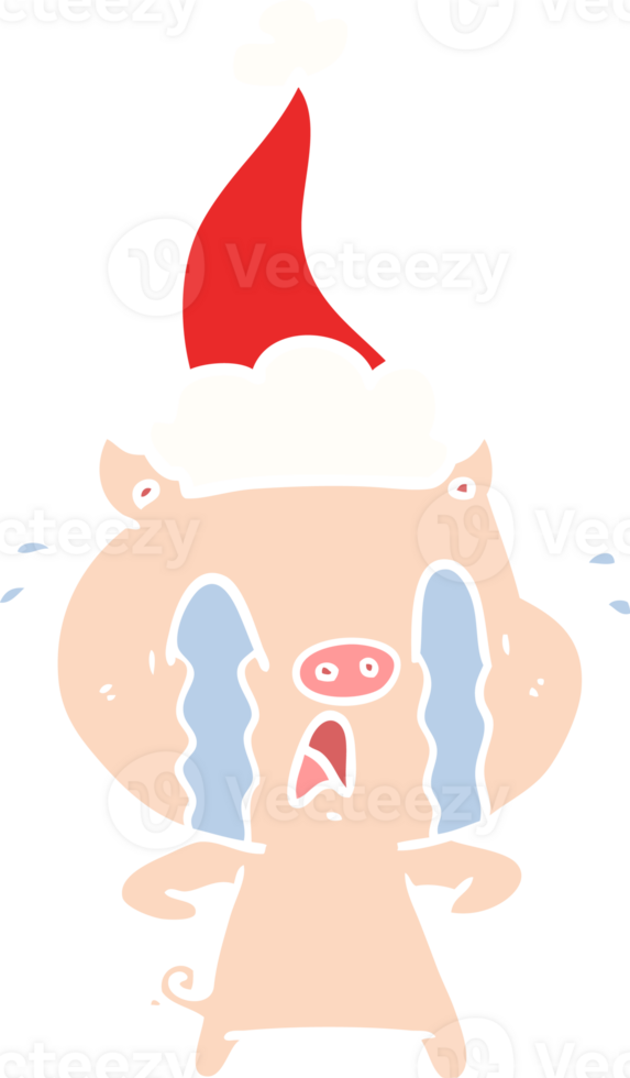 crying pig hand drawn flat color illustration of a wearing santa hat png