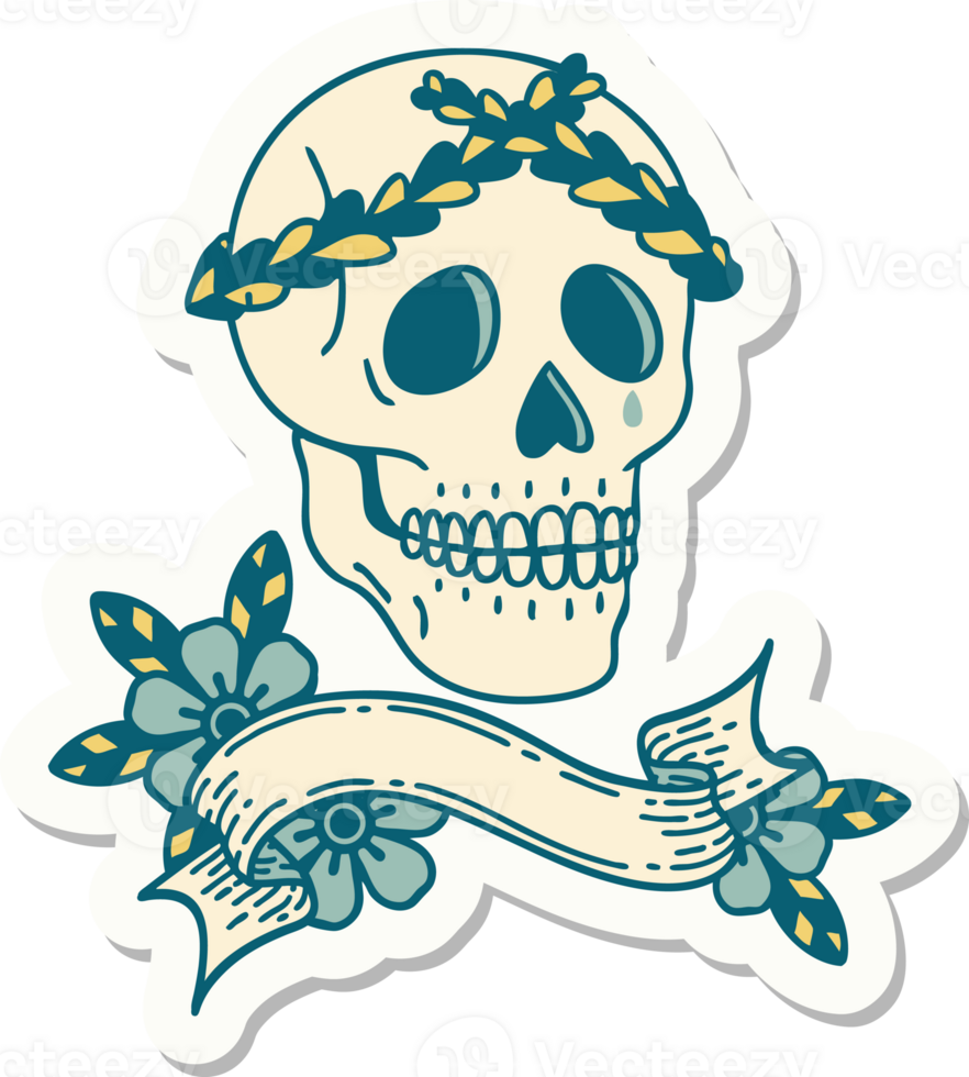 tatoeëren stijl sticker met banier van een schedel met laurier krans kroon png