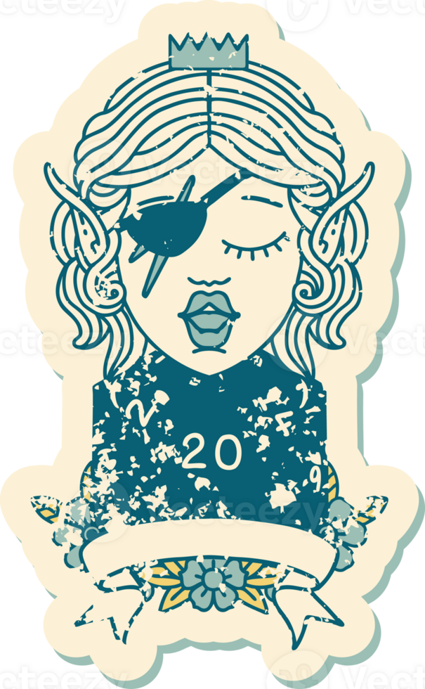 Retro Tattoo Style elf rogue character with natural twenty dice roll png