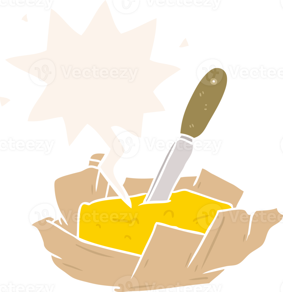 cartoon traditional pat of butter with knife with speech bubble in retro style png