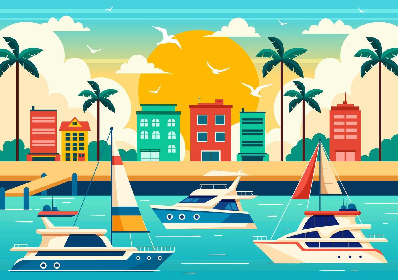 yates vector ilustración con transbordadores carga barcos y Embarcacion velero de agua transporte a el playa en puesta de sol plano dibujos animados antecedentes