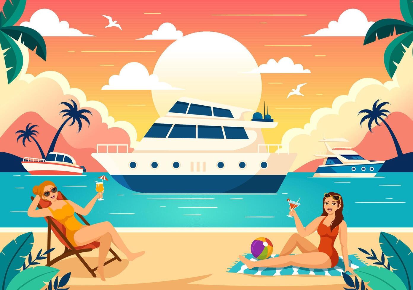 Yachts Vector Illustration with Ferries Cargo Boats and Ship Sailboat of Water Transport at the Beach in Sunset Flat Cartoon Background