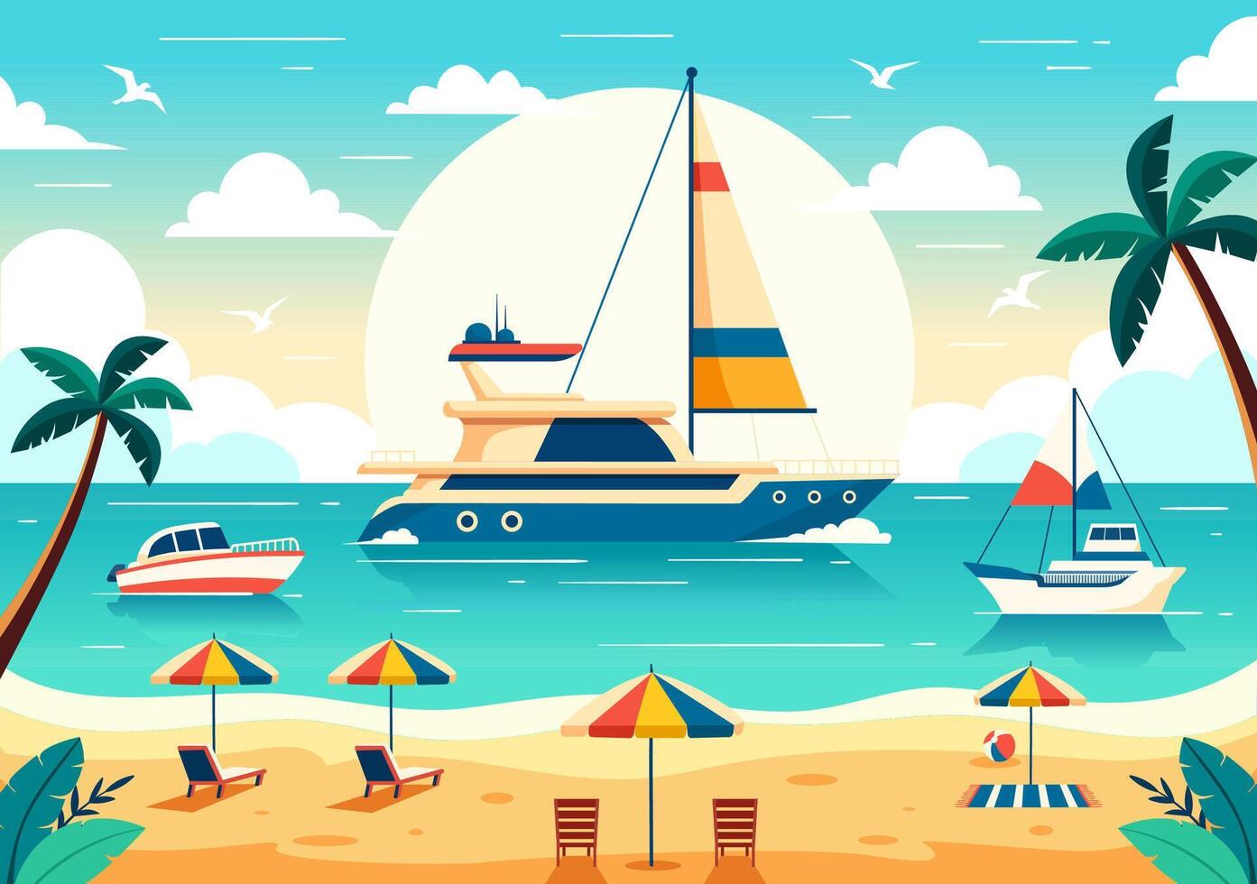 Yachts Vector Illustration with Ferries Cargo Boats and Ship Sailboat of Water Transport at the Beach in Sunset Flat Cartoon Background