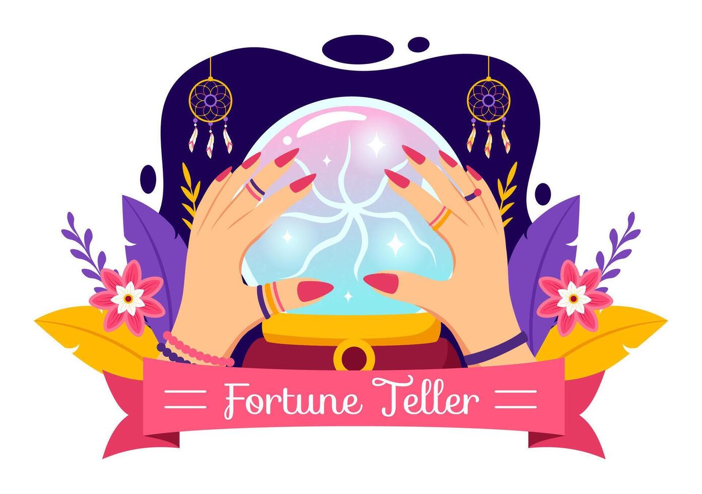 Fortune Teller Vector Illustration with Crystal Ball, Magic Book or Tarot for Predicts Fate and Telling the Future Concept in Flat Cartoon Background