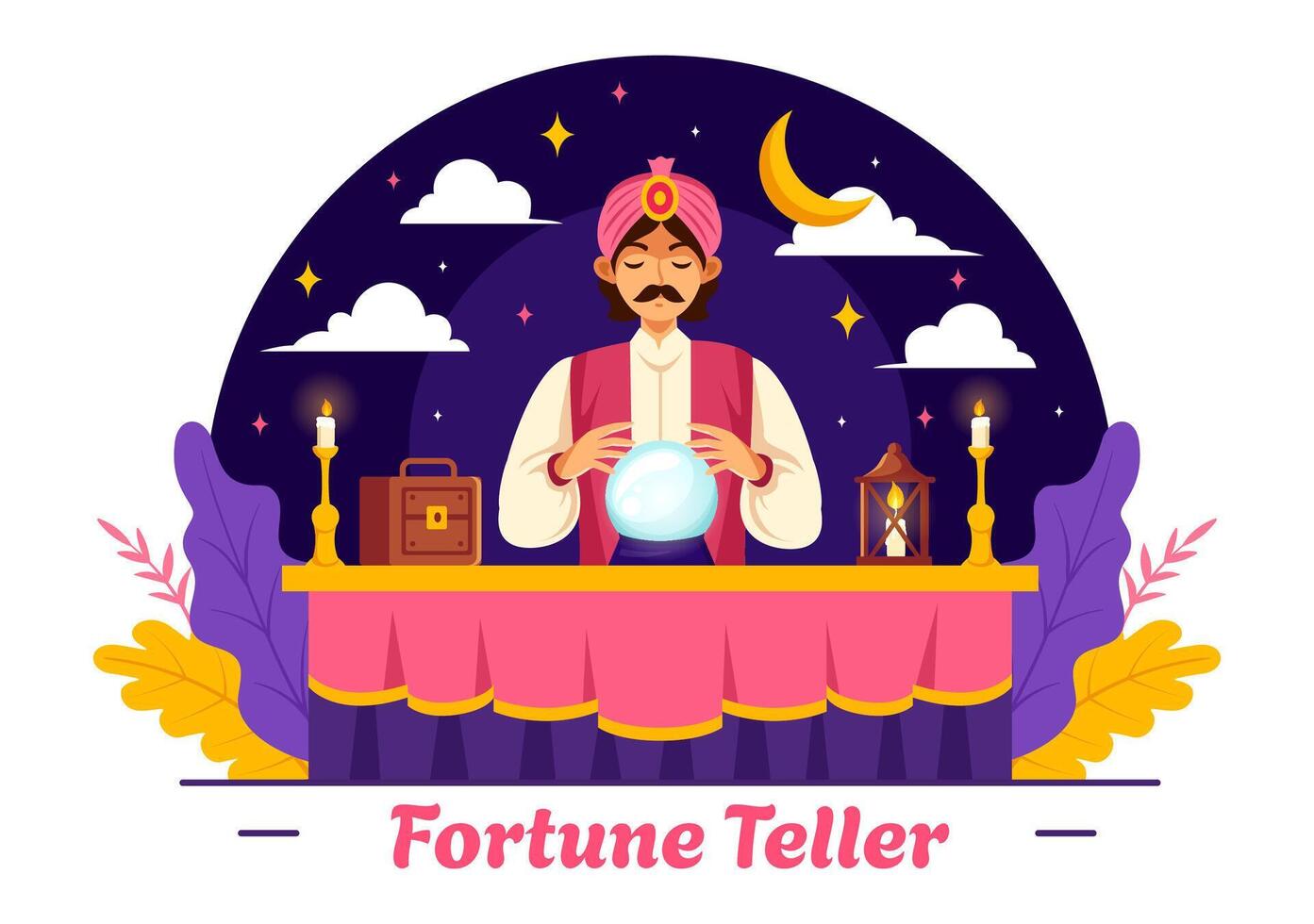 Fortune Teller Vector Illustration with Crystal Ball, Magic Book or Tarot for Predicts Fate and Telling the Future Concept in Flat Cartoon Background