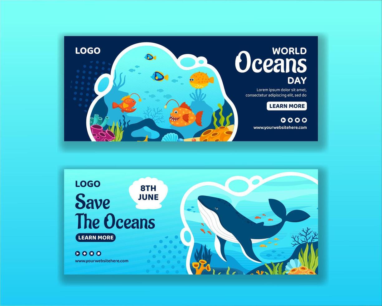 Oceans Day Horizontal Banner Flat Cartoon Hand Drawn Templates Background Illustration vector
