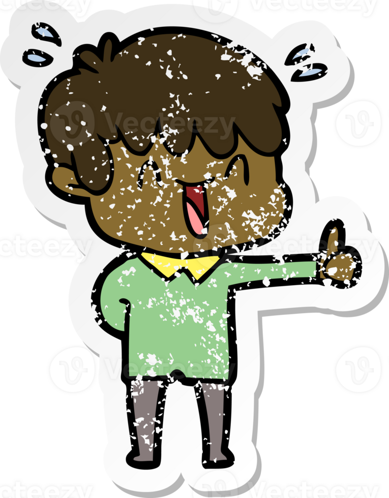 distressed sticker of a cartoon laughing boy png