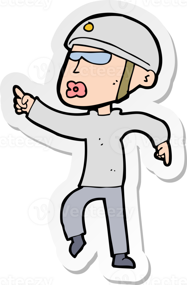 sticker of a cartoon man in bike helmet pointing png