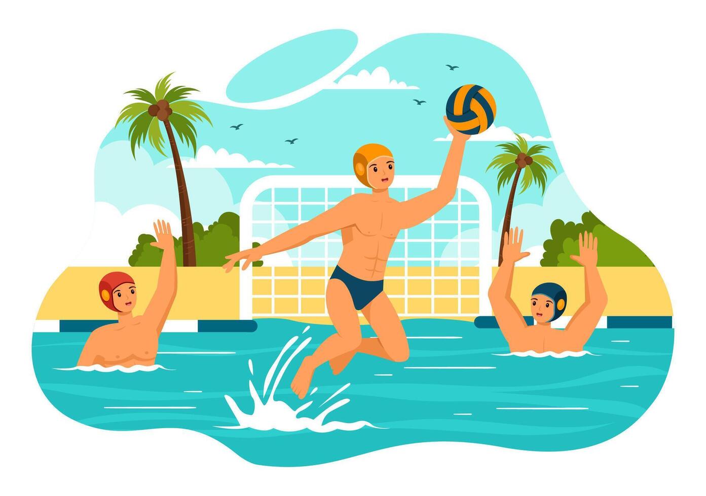agua polo deporte vector ilustración con jugador jugando a lanzar el pelota en el del oponente objetivo en el nadando piscina en plano dibujos animados antecedentes