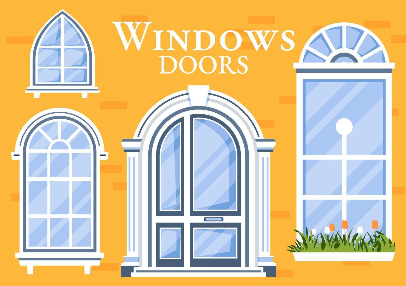 casa arquitectura vector ilustración con puertas y ventanas varios formas, colores y tamaños en plano dibujos animados antecedentes