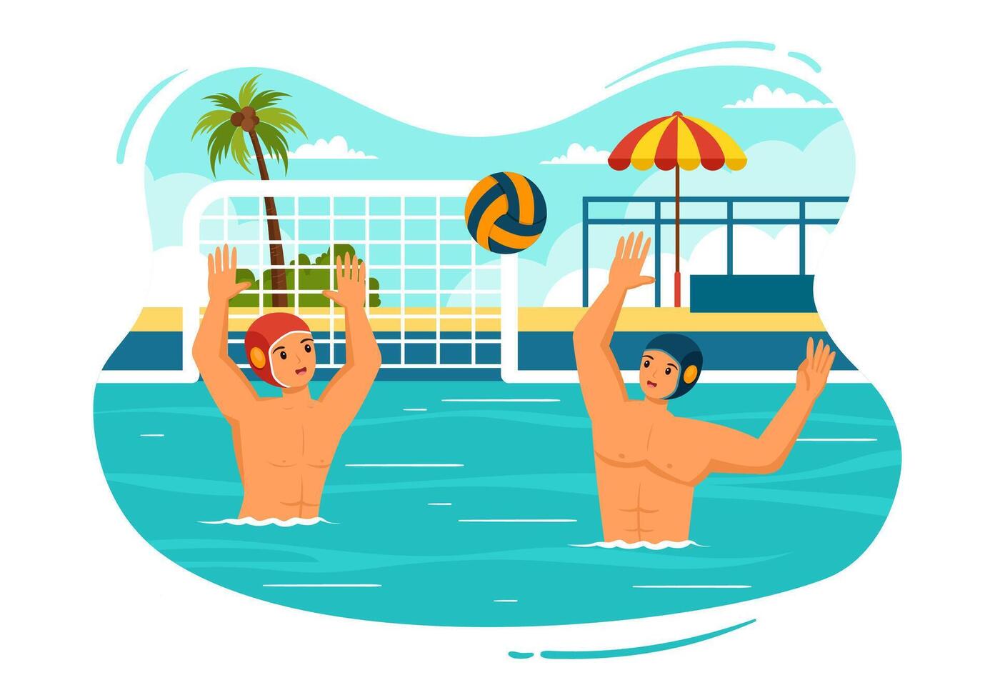 agua polo deporte vector ilustración con jugador jugando a lanzar el pelota en el del oponente objetivo en el nadando piscina en plano dibujos animados antecedentes