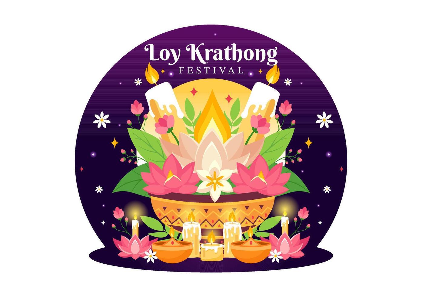 Loy Krathong Vector Illustration of Festival Celebration in Thailand with Lanterns and Krathongs Floating on Water Design in Flat Cartoon Background